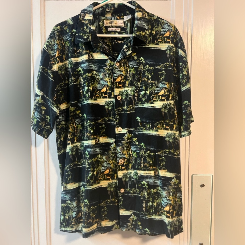 Joe Marlin Men’s XL Black Hawaiian Style Shirt Short Sleeve Palm Trees Tropical